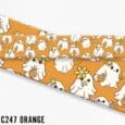 Cute ghost Halloween print dog collar in orange with white ghosts, yellow flowers and brown details.