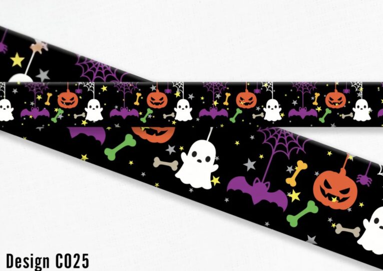Cute Halloween-themed dog collar design featuring jack-o'-lanterns, ghosts, bats, spiders and bones on black