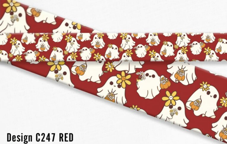 Design C247 Red Halloween print dog collar featuring white ghost characters with yellow flowers and pumpkins on burgundy BioThane.