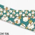 Teal ghost dog collar with yellow flowers and pumpkins, handmade BioThane design by Lutchfords.