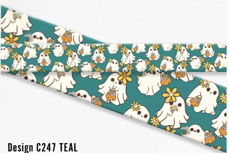 Teal ghost dog collar with yellow flowers and pumpkins, handmade BioThane design by Lutchfords.